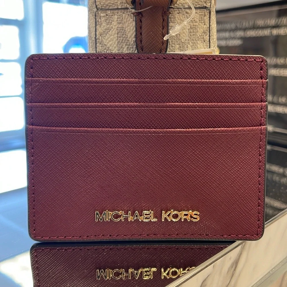 MICHAEL KORS Large Pebbled Leather Card Holder Case Dark Cherry  NWT